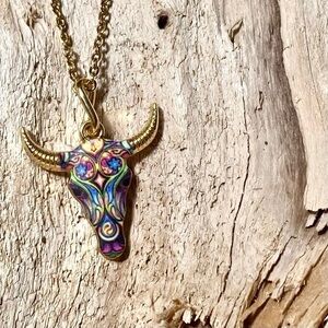 Horn/floral skull candy boho rustic gold necklace southwestern equestrian vibe